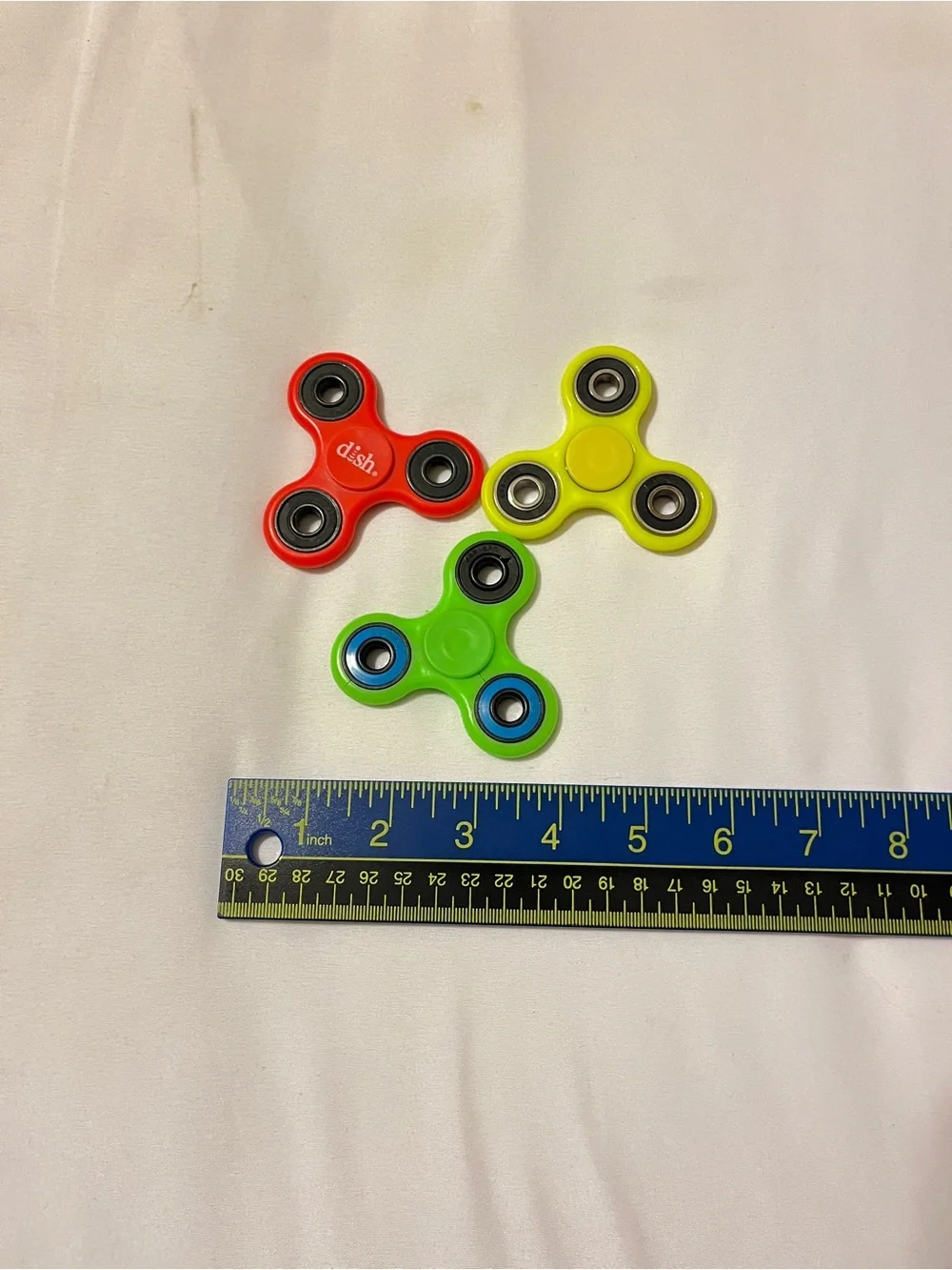 Lot of 3 Fidget Spinners ESPN Dish Network Plastic Toy Red Green Yellow
